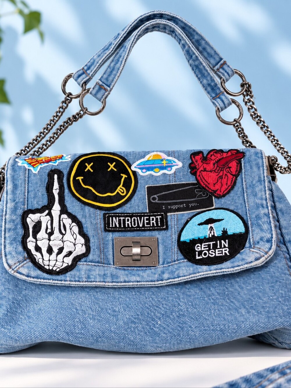 Denim Patch Handbag Grunge Y2K Alternative Chain Strap Shoulder Bag Punk